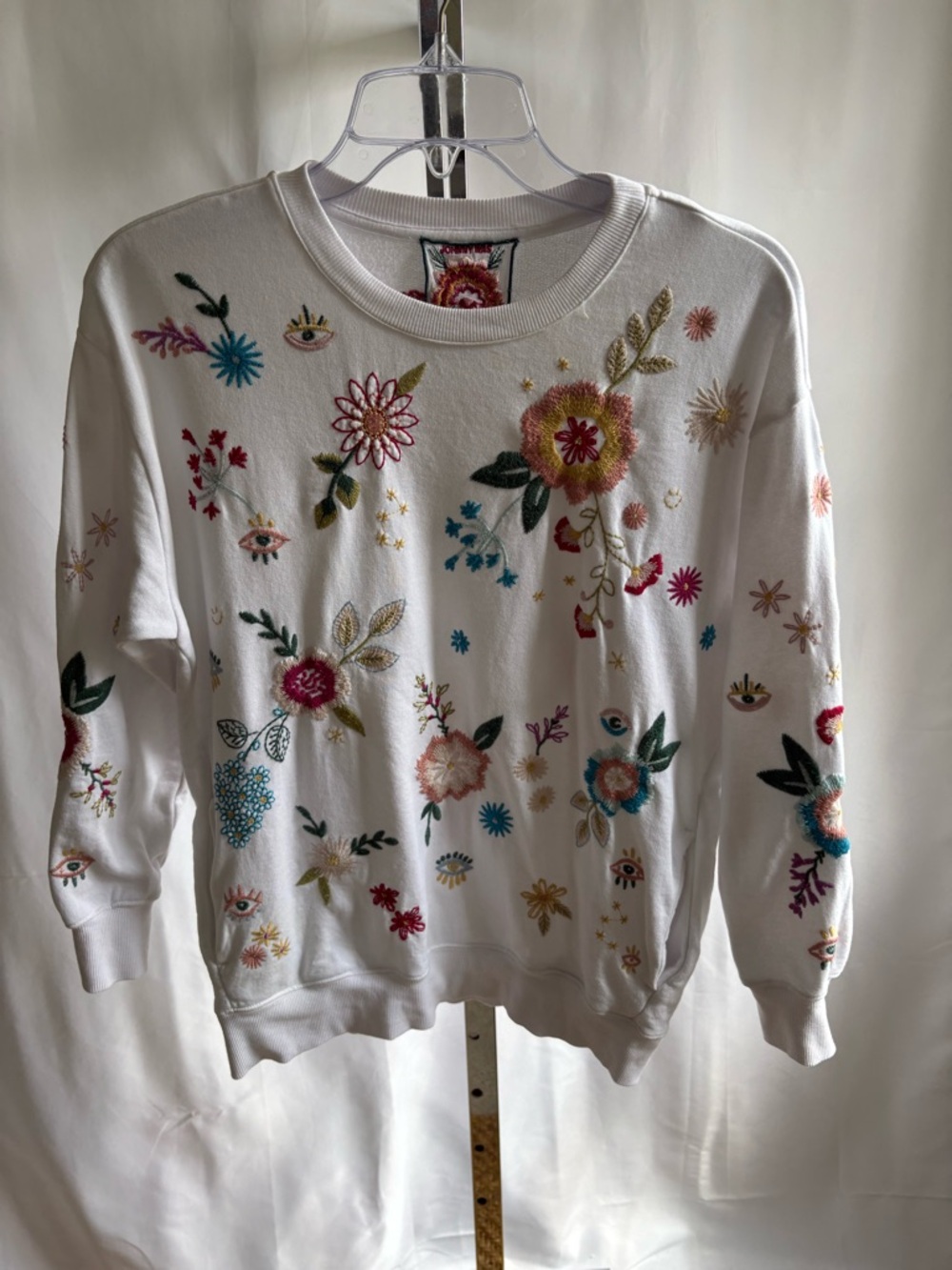 Johnny Was White Embroidered Floral Crewneck Sweatshirt